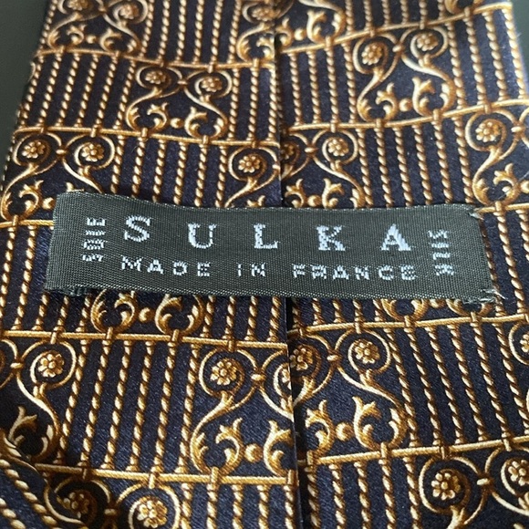 Sulka Made in France Silk Tie Navy Gold - Picture 1 of 5